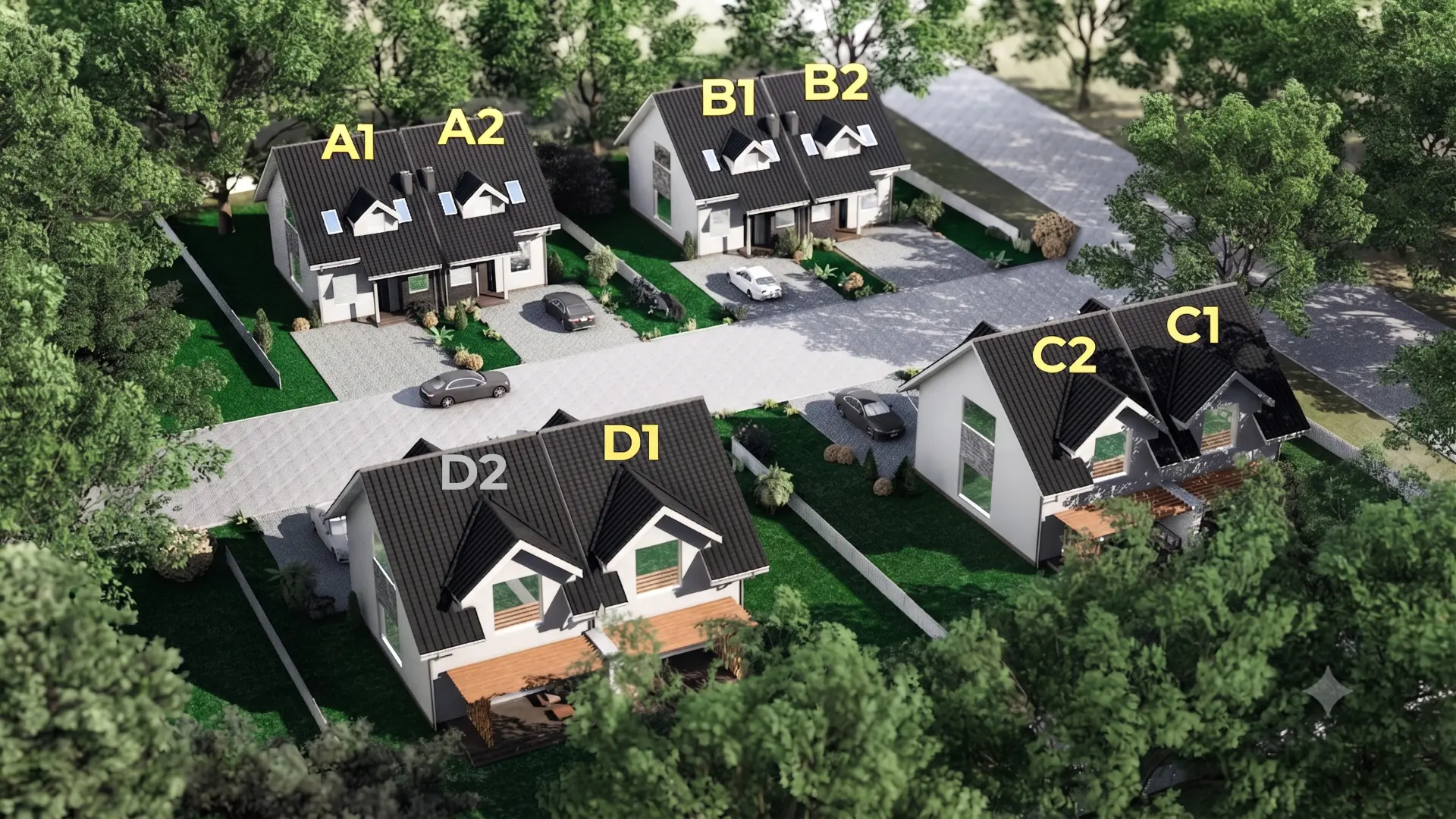 Plan osiedla pod Wierzbami z oznaczeniem domów A1, A2, B1, B2, C1, C2, D1, D2